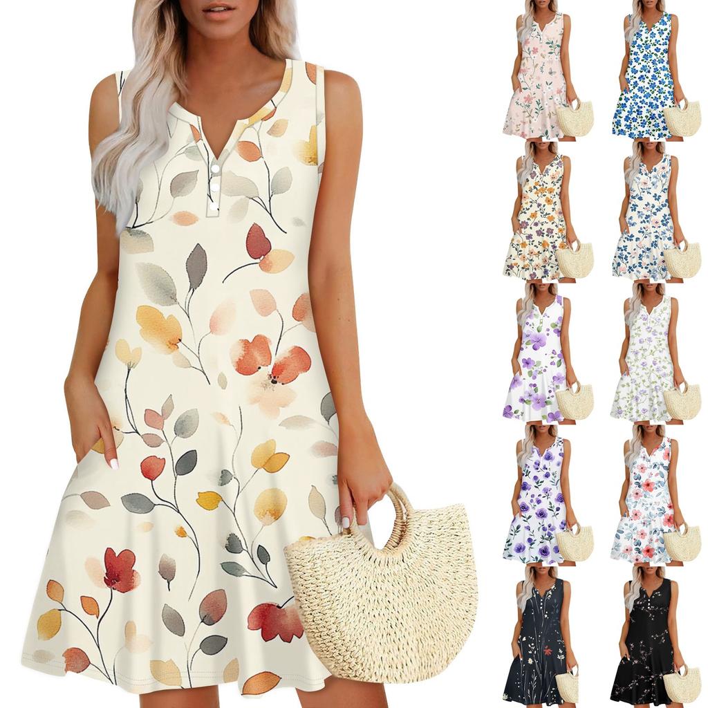 Women's Summer Casual V-Neck Floral Button Dress With Pockets