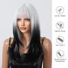 LOUIS FERRE Long Straight Synthetic Wigs for Women White Black Ombre Layered Hair With Bangs Heat Resistant Fiber Wigs for Daily