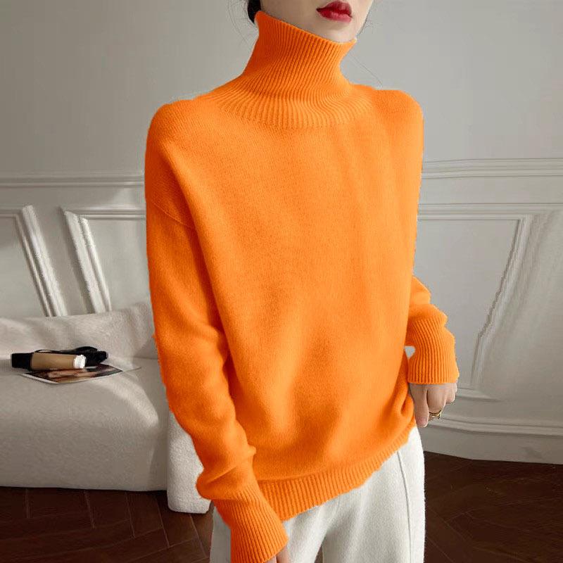 Women Autumn Winter High Collar Long Sleeve Wardrobe Staple Warm Solid Color Comfy Loose Pullovers Knitted Sweater Top
