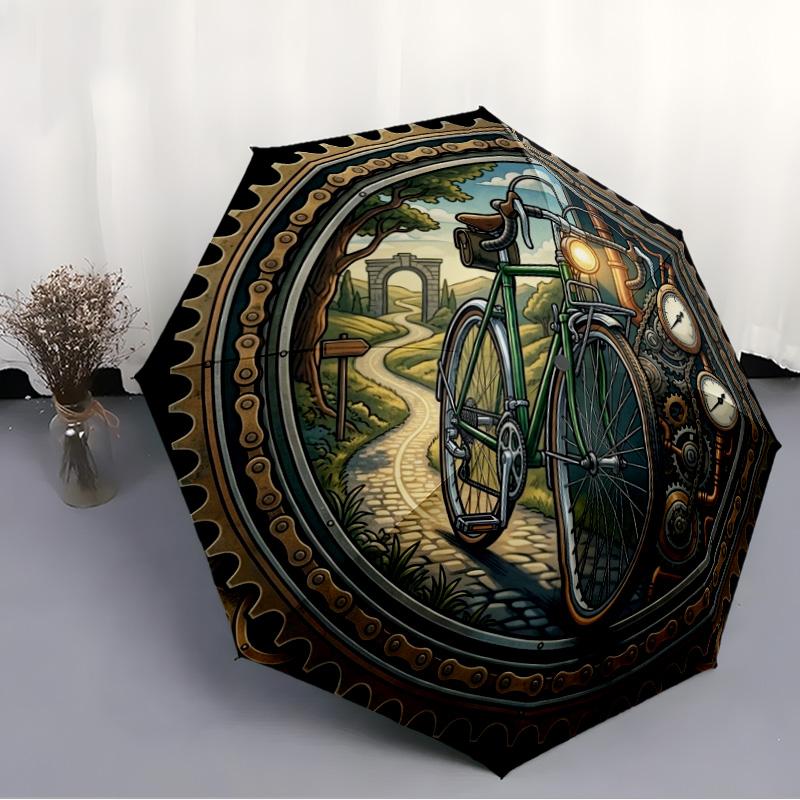 Steampunk Bicycle Journey Pattern Umbrella, Portable and Foldable Design, 8 Ribs, a Casual Accessory for Halloween, Christmas, and Birthday Gifts.