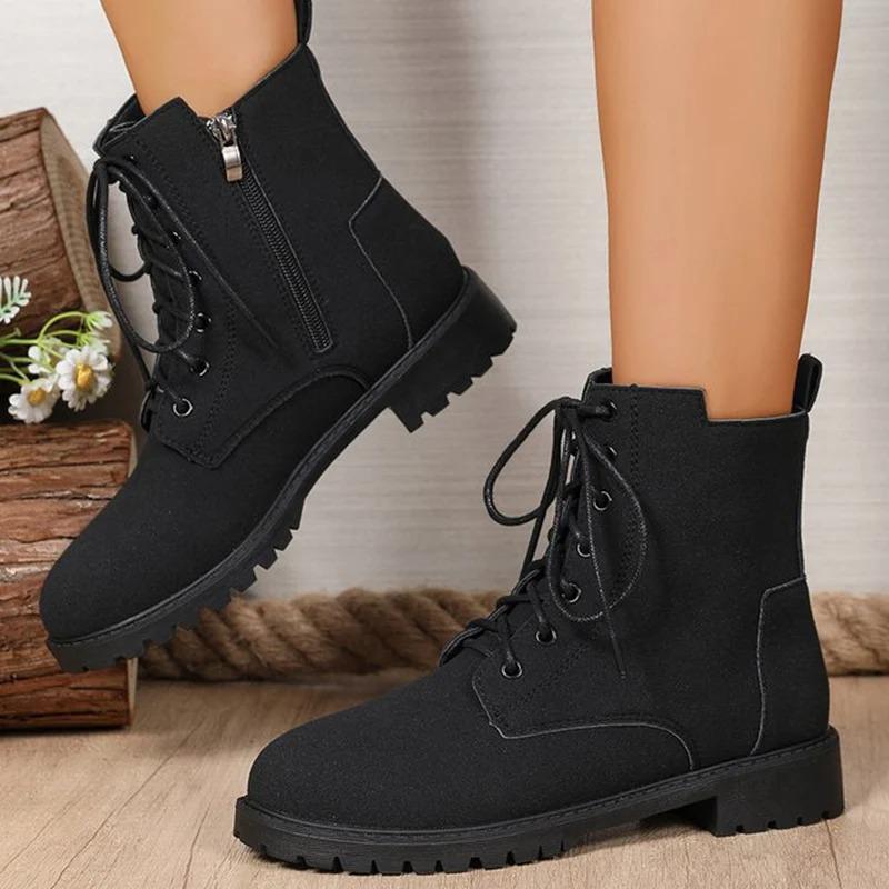 Retro Solid Zip Ankle Boots for Women Autumn Winter Square Heel Lace-Up Women\'s Boots Plus Size Round Toe Shoes of Woman