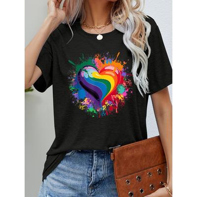 Y-Colorful Paint Heart Print T-Shirt, Short-Sleeved Crew Neck Casual Top for Spring And Summer, Women'S Apparel