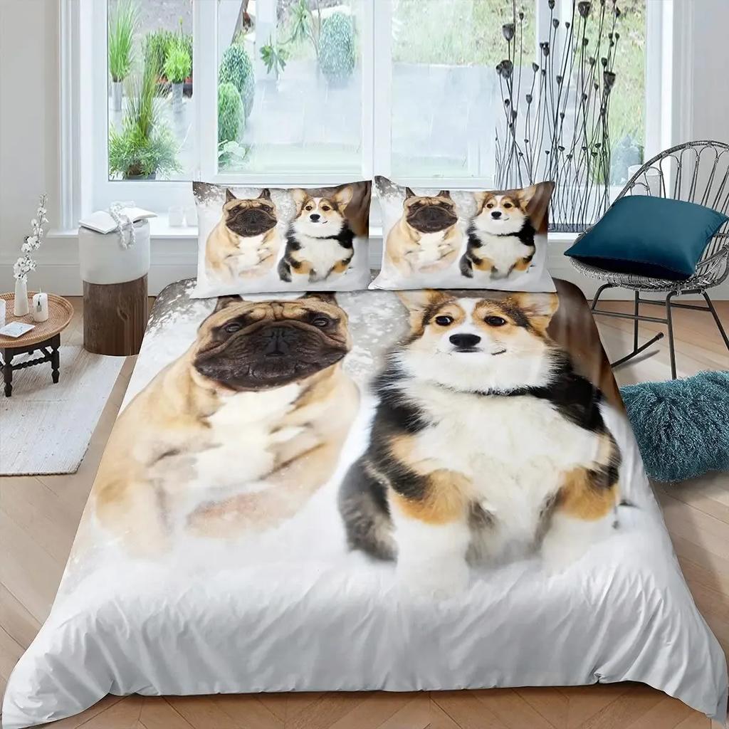 Dog Side My Side Kawaii Puppy Animal Pug Dog Comfortable Duvet Quilt Cover Pillowcase Bedding Set Children Bedroom Home Textile