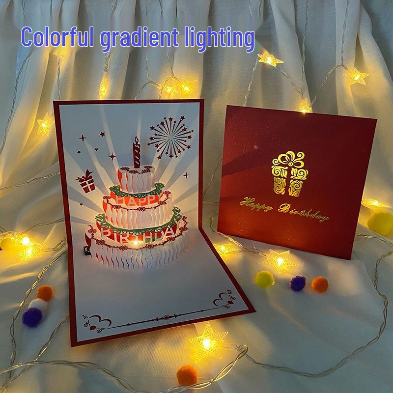 Carte pop-up Gâteau d'anniversaire musical 3D avec lumières colorées et enregistrement