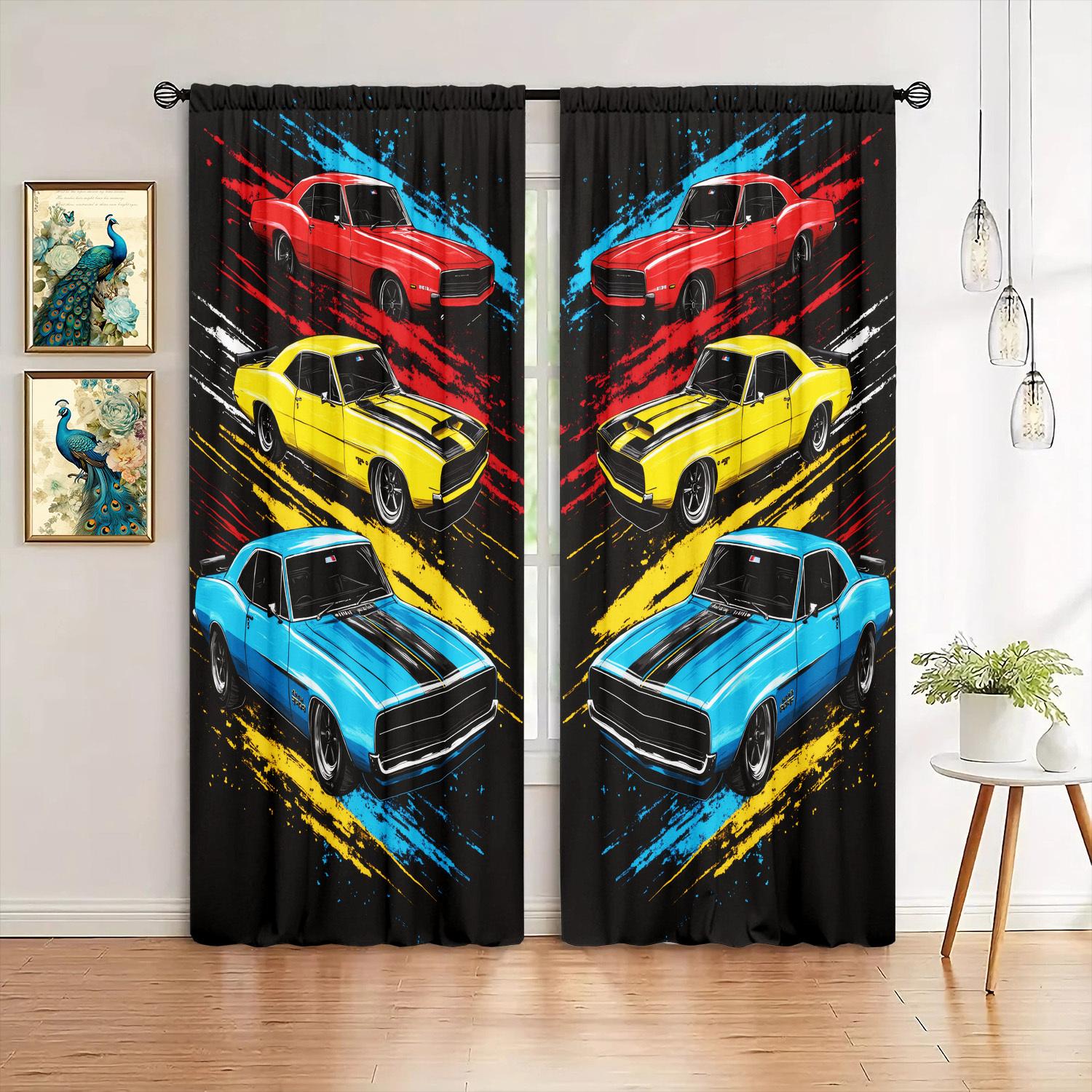 Yellow And Blue Racing Car Patterns Print Drapes Room Darkening Window Curta Home Decor,Rod Pocket Blackout Curta Bedroom 53x116CM&2 panels