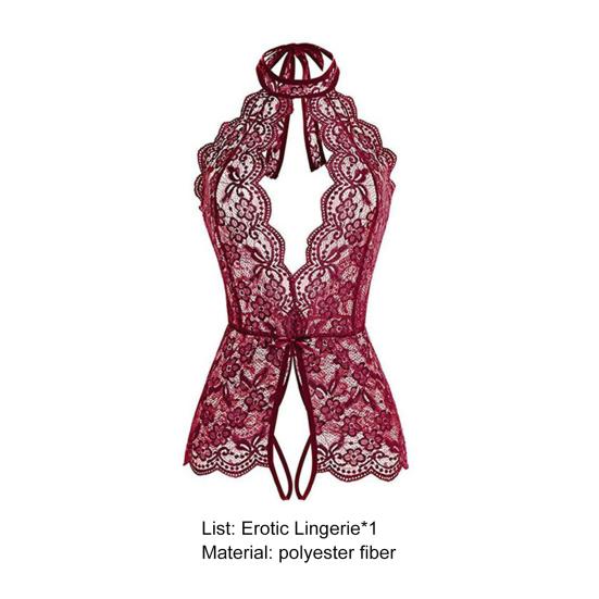 Women Bodysuit Halter Neck Lace Solid Color Soft Bodysuit Underwear
