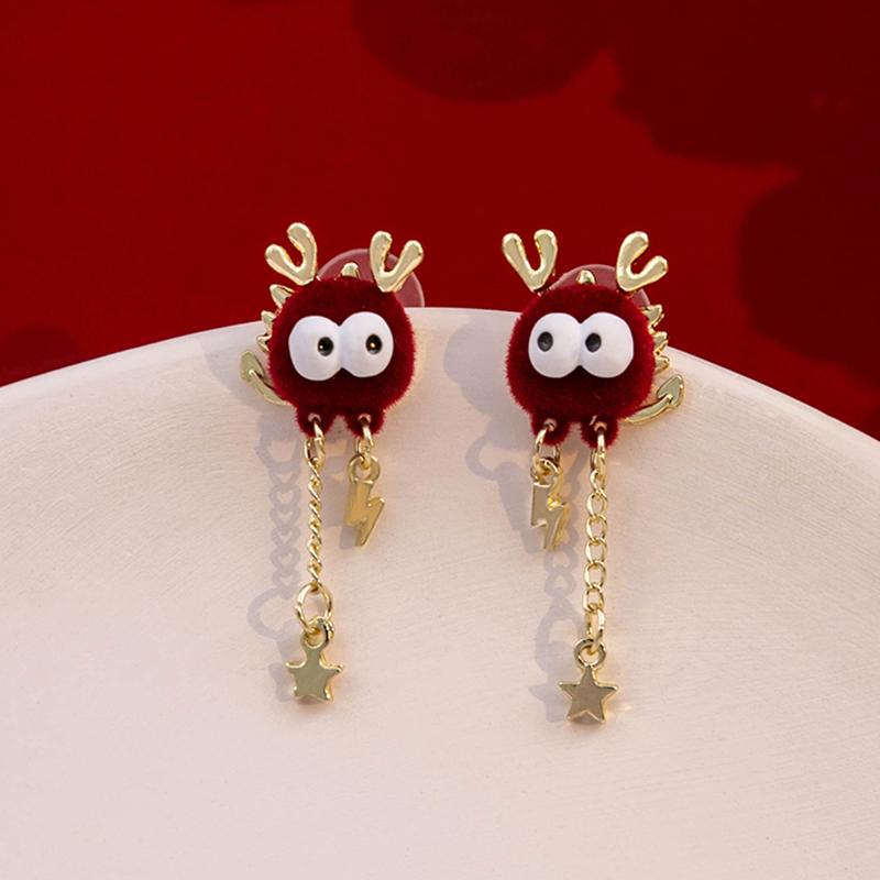 Chinese Style Red Little Lion Bell Pendant Earrings for Women The Year of The Dragon Gift New Year Festive Jewelry Gifts