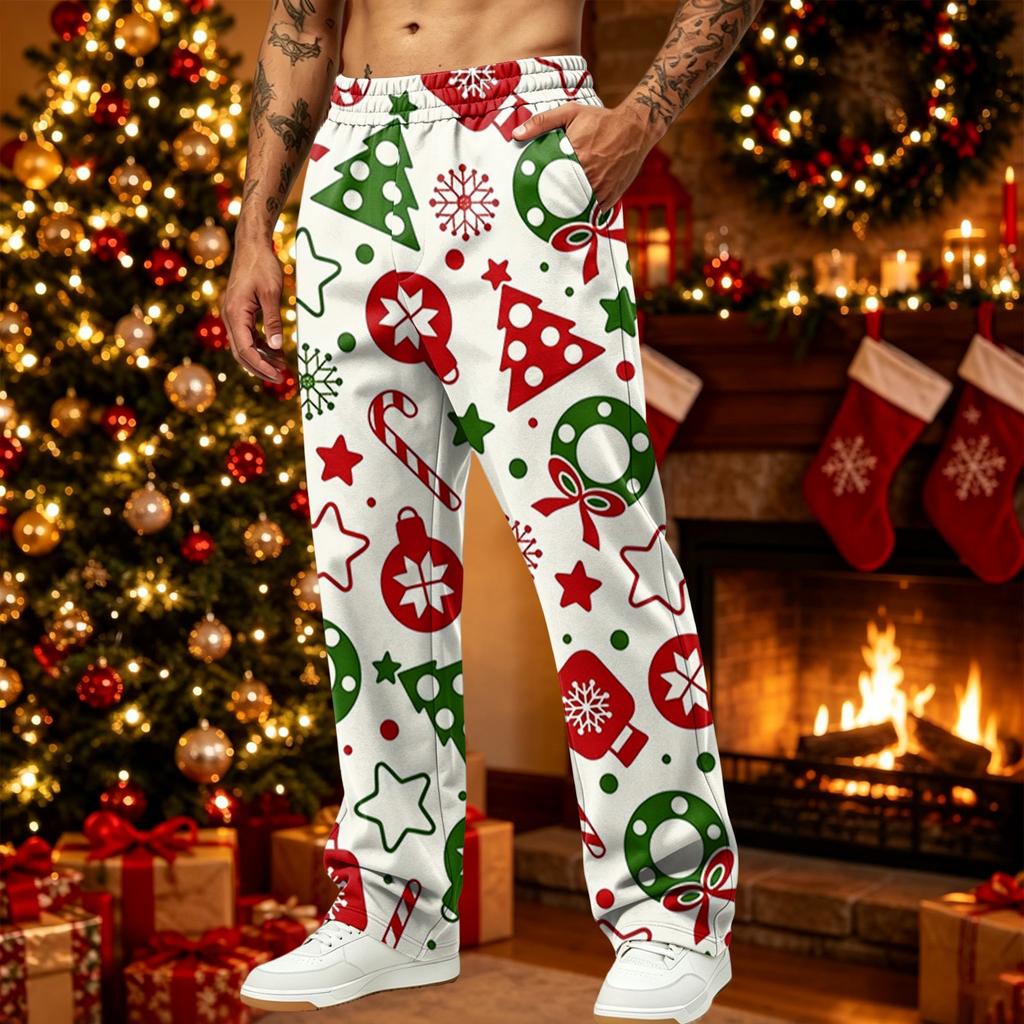 Men's Loose Fit Casual Christmas Print Pants with Pockets, Athletic Joggers for Holiday