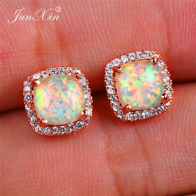 Boho Women Ladies White Fire Opal Rose Gold Color Wedding  Vintage Double Zircon Stud Earrings