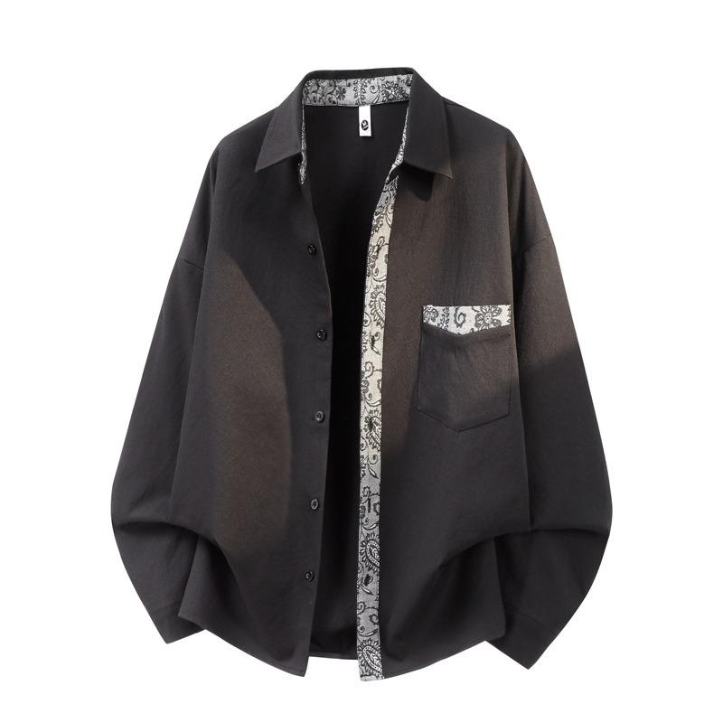 Chinese Style Color Block Loose Fit Long Sleeve Shirt For Men Autumn Casual