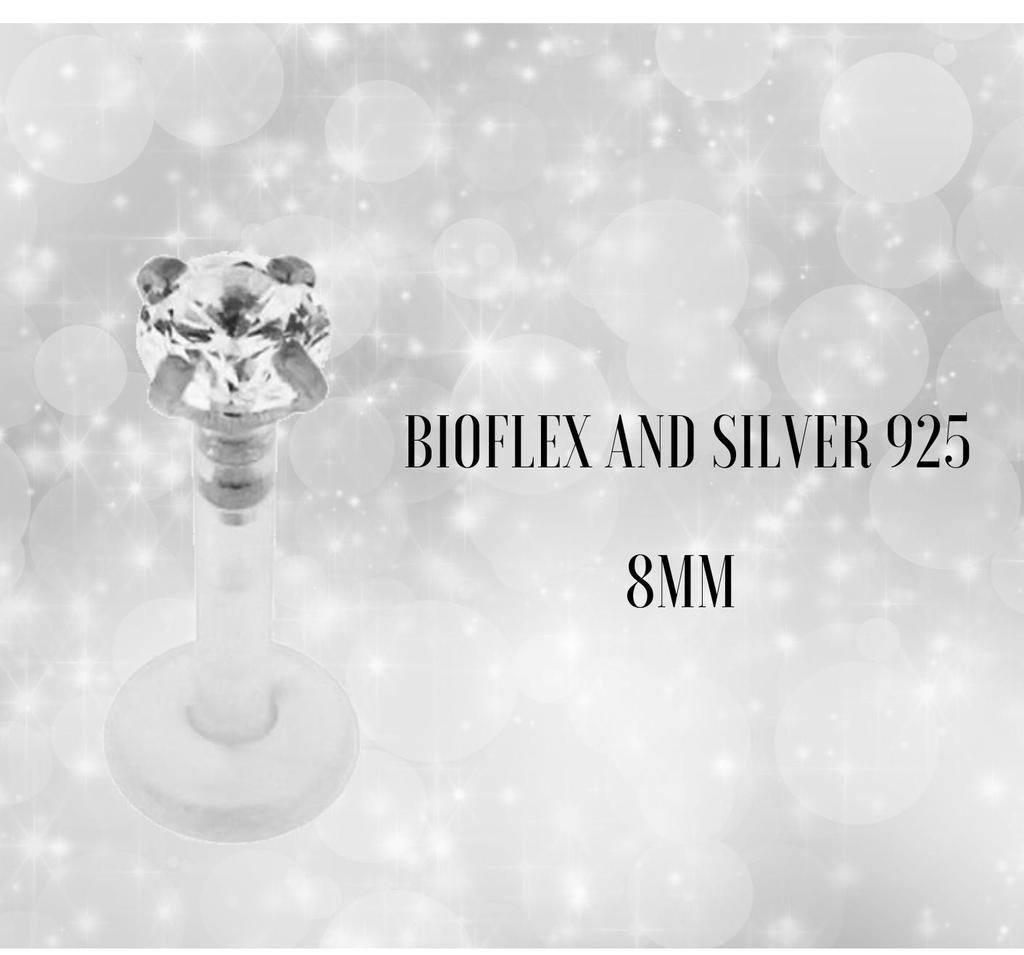 Labret-Piercing-Schmuck, Bioflex, runder Kristall, Set in Silberstab, 8 mm