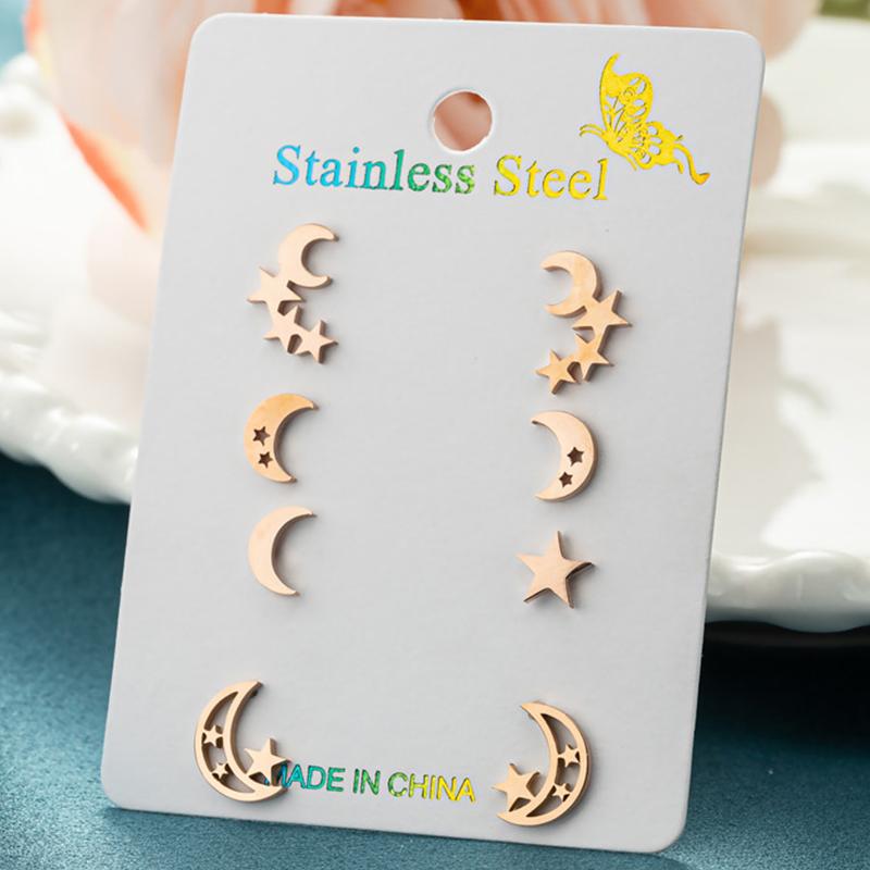 4Pairs/Lot Fashion Stainless Steel Star Moon Stud Earrings Sets for Women Small Flower Porker Dog Earings Jewelry Gift