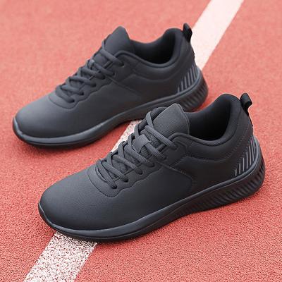 Spring and Autumn Leather Sneakers, Lightweight Waterproof Travel Shoes, All Black, Non-slip Daily Casual Running Shoes