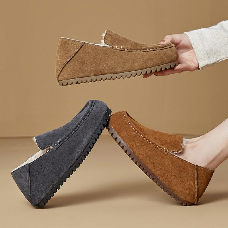 Loafers for Woman Genuine Leather Warm Wool Shoes Winter New Flat Cotton Shoes Women's Retro Casual Women's Shoes