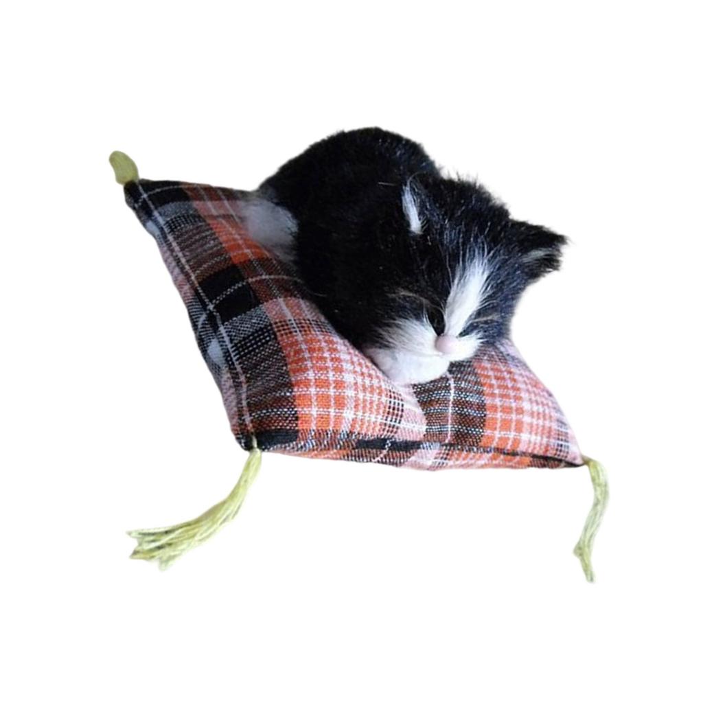 Realistic Sleep Plush Cats Doll Furry Animal Statue with Soft Mat Bed Stuffed Pet Doll for Kids Adults Birthday Gift