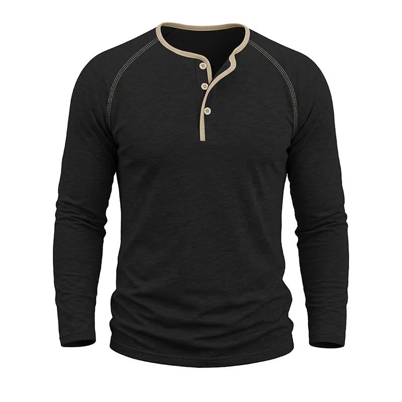 Spring Autumn Men's Cotton Henry Collar T-Shirts American Style Fashion Smart Casual Tees Tops Men Patchwork Breathable Tshirt