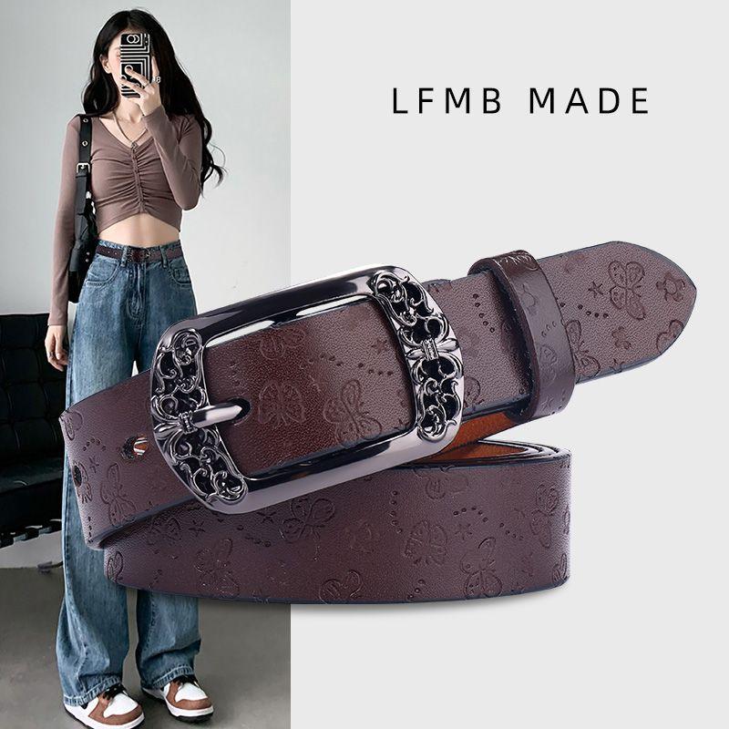 Black Belt Women'S Style Jeans With Cowhide Belt Fashionable Simple Decoration Retro Belt Women'S Trend