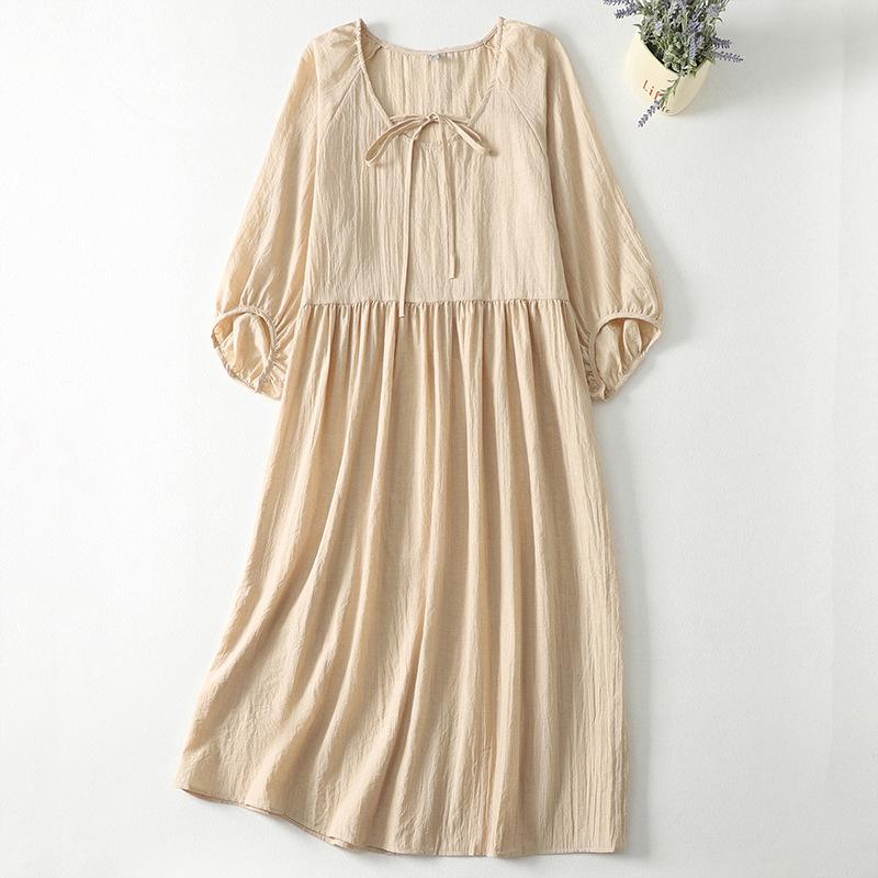 

2026 Spring Artistic Style Double Layer Collar Lace-up Slimming Cotton Dress with Three-Quarter Sleeves for Women XL абрикосовий