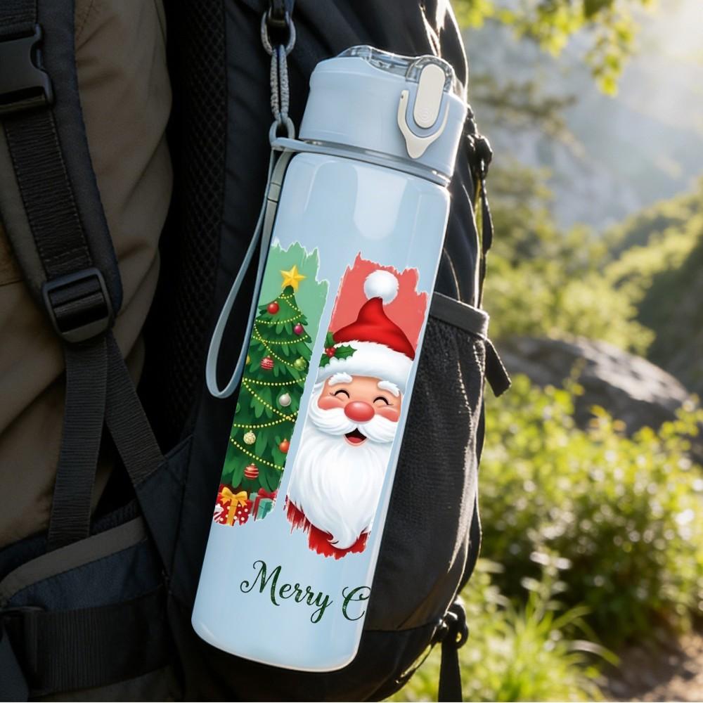 1PC Christmas Sock Gift Festive Print 750ml Color Plastic Sports Water Bottle Leakproof Flip Straw Lid Suitable for Sports Office Home Use