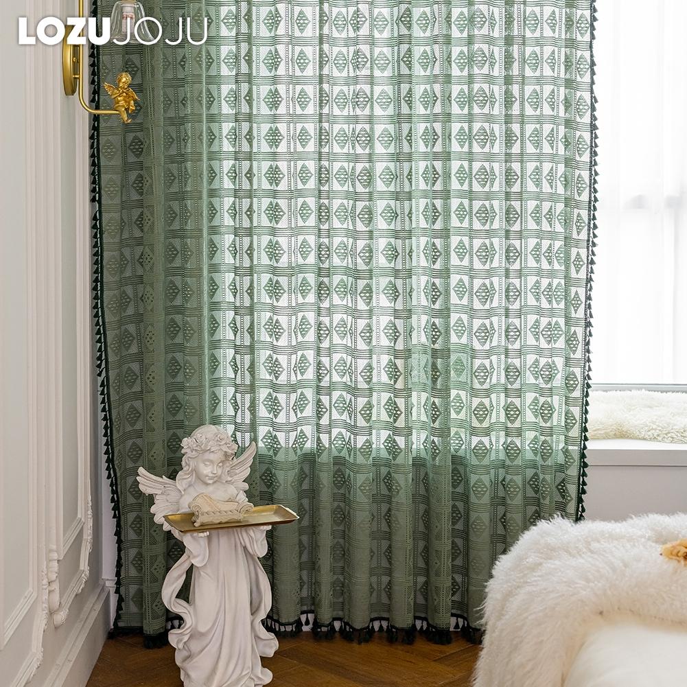 1PC LOZUJOJU 10-20% Blackout French Retro Solid Color Hollow Square Grid Fringe Curtain for Living Room Bedroom Balcony Home Decor