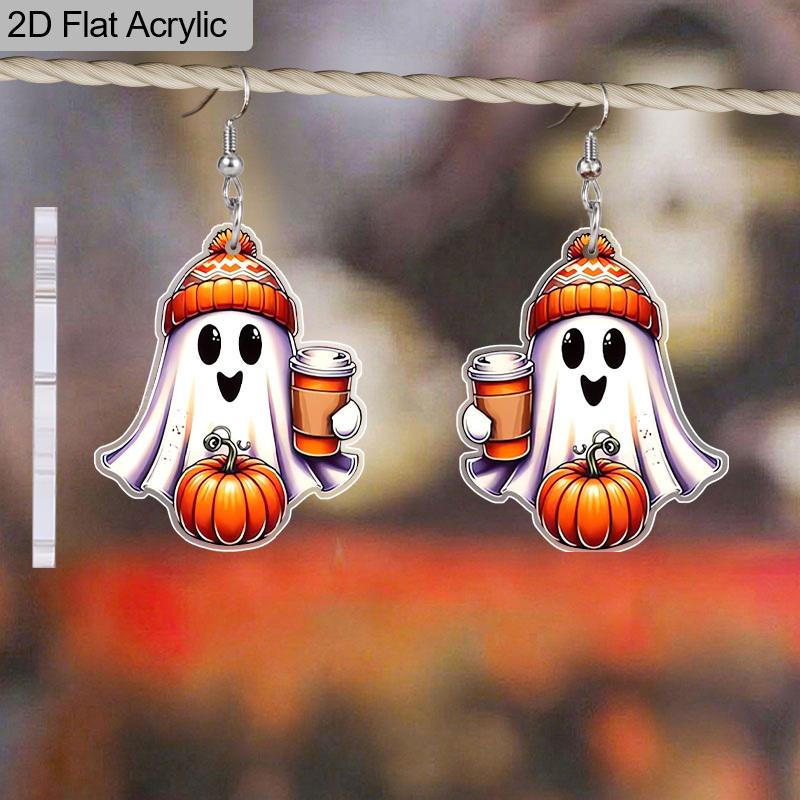 2D Flat Halloween Earrings Pumpkin Ghost Pattern Acrylic Dangle Earrings Women Girls Jewelry Gift