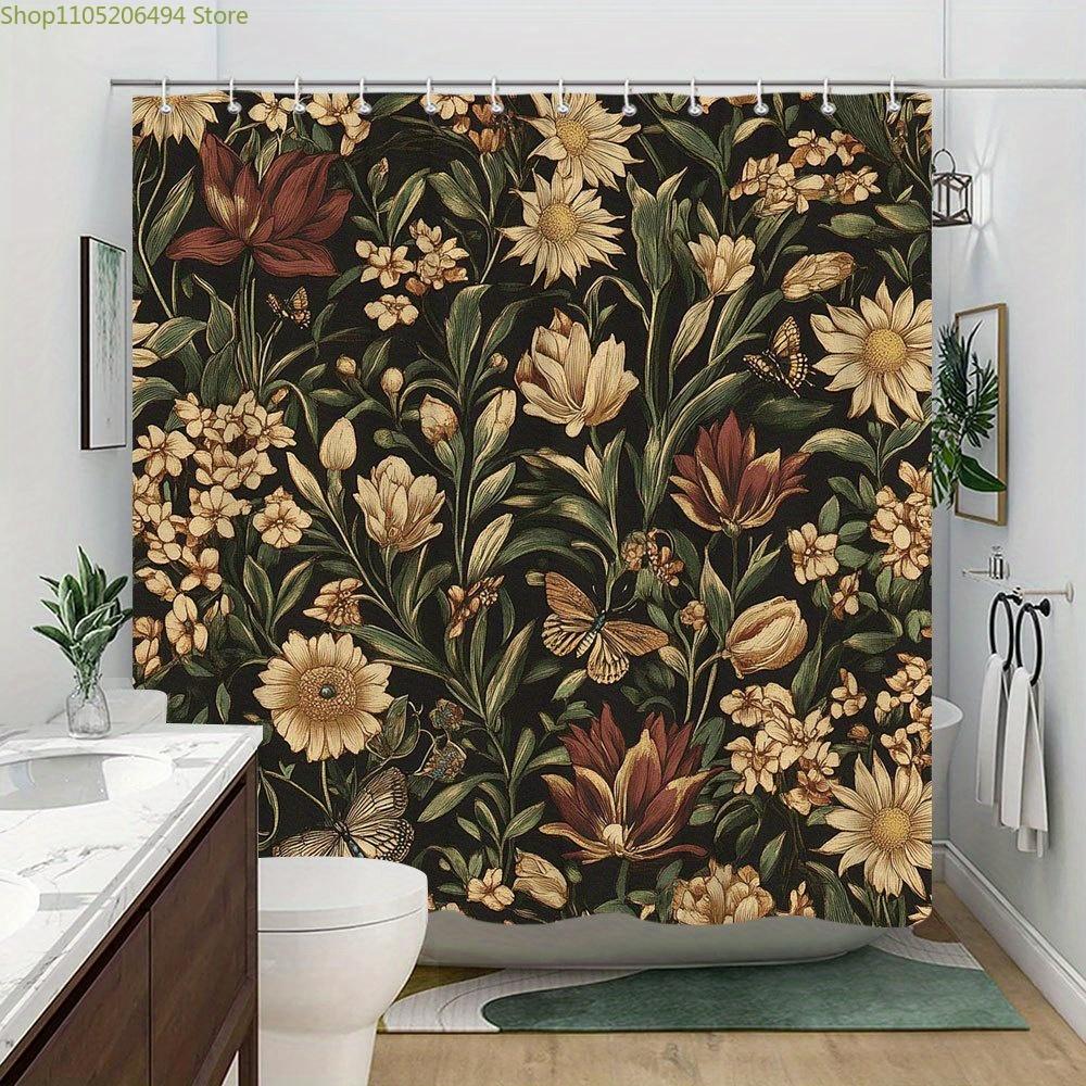

1pc Vintage Botanical Shower Curtain with Daisies, Burgundy Roses & Golden Butterflies - Background Floral Bath Curtain Suitab 90x180cm белый