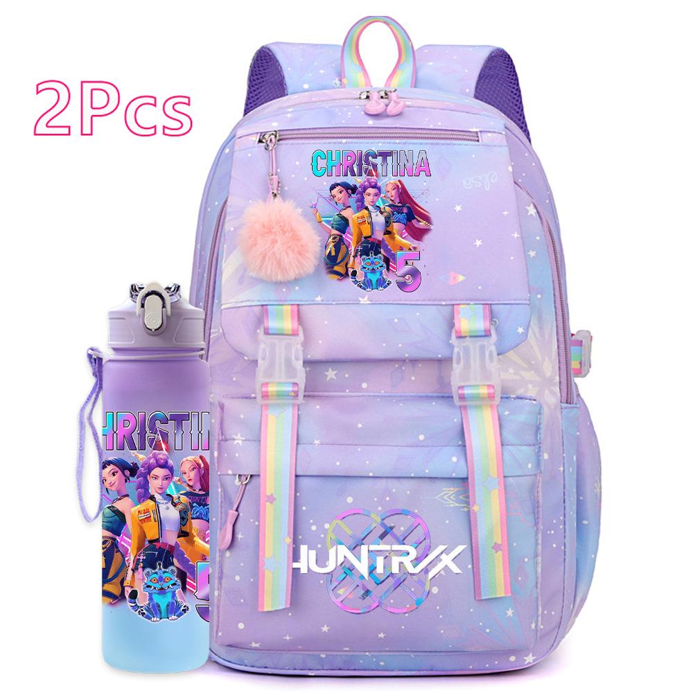 2Pcs/set Cute K-Pop Demon Hunters Printed Backpack with 750Ml Water Bottler for Teenager Student Girl Boy Large Capacity Waterproof Bookbag Travel Bag