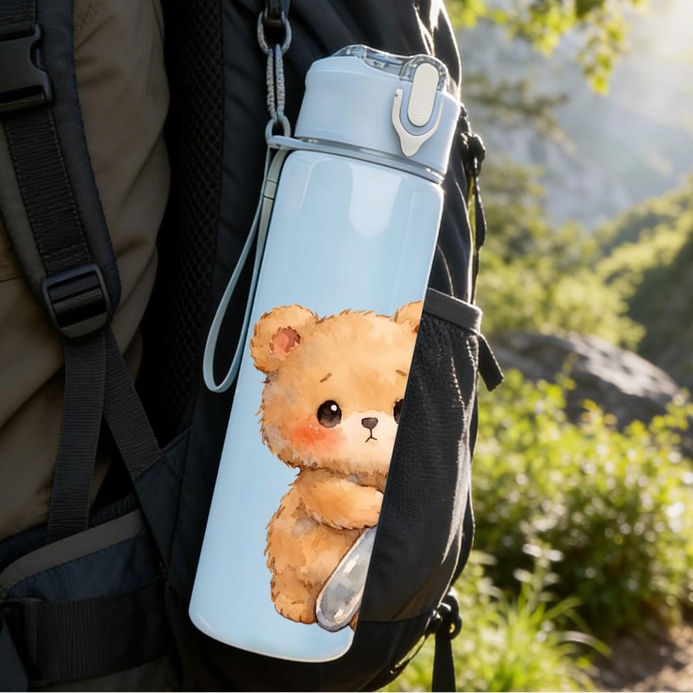 1PC Bear Holding Spoon Cute Cartoon Print 750ml Color Plastic Sports Water Bottle Leakproof Flip Straw Lid Suitable for Sports Office Home Use