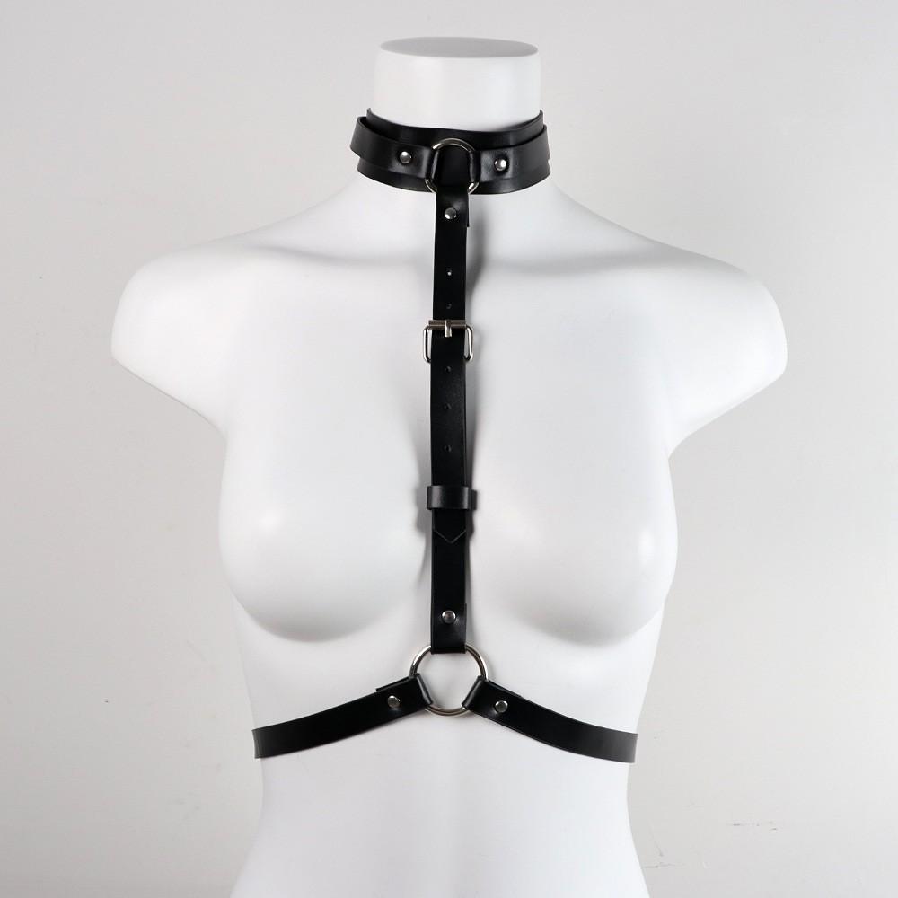 Bdsm Leather Collar Integrated Belt Women'S Sex Belt Black Leather Corset Strap-On Belt