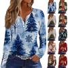 Women's Casual Christmas Print V-Neck Long Sleeve T-Shirt with Decorative Buttons
