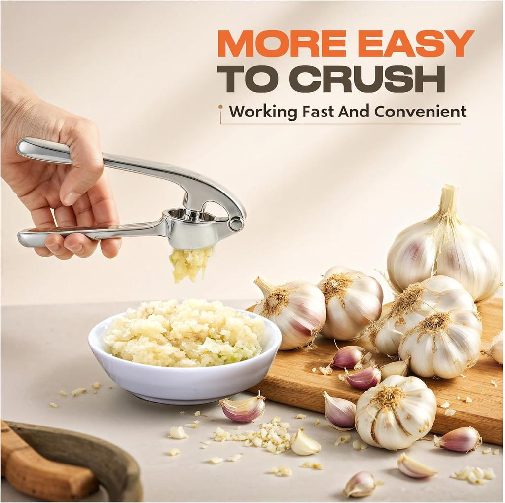 Kitchen Garlic Press Stainless Steel, Premium Rust Proof Dishwasher Safe Garlic Mincer, Durable Garlic Crusher Set with Peeler Brush, Easy To Clean