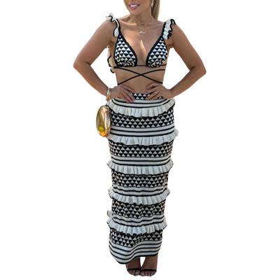 Women Knitted Summer Outfits Tie Waist Tank Tops Bra and Elastic Layered Ruffles Skirt Set for Streetwear