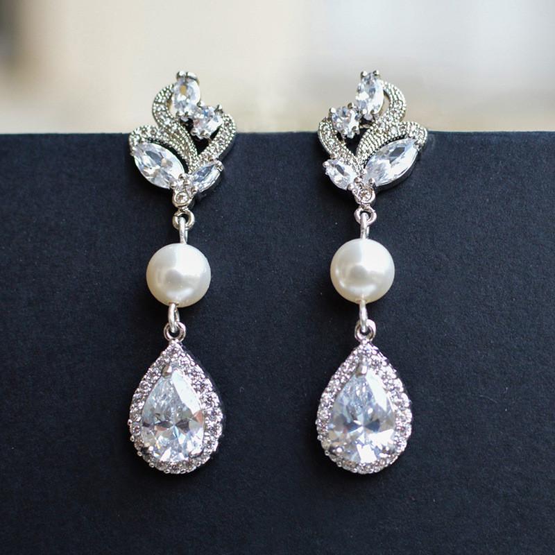 

925 Sterling Silver Elegant Women Wedding Earrings Cubic Zircon Pearl Long Hanging Earrings New Fashion Jewelry Gifts