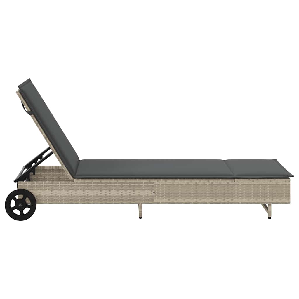 Sun Lounger with Wheels and Cushion Light Grey Poly Rattan