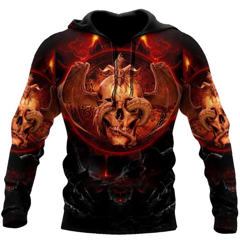 Autumn Vintage Hoodie Men Skull Flaming Graphic 3D Print Hip Hop Style Casual Men's Long Sleeve Oversize Comfortable Clothing