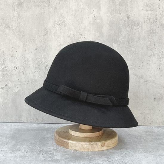 Женская элегантная шляпа-ведро Французский стиль Шерстяная шляпа-ведро с бантом Зимняя фетровая шапка чёрный