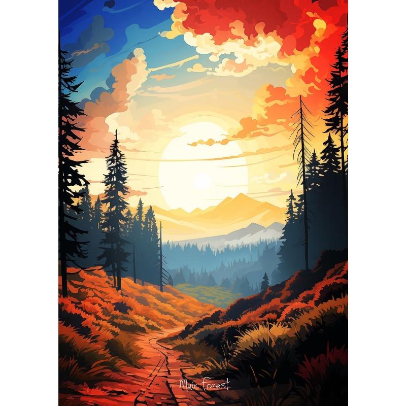 Retro Warm Forest Valley Sunset Natural Wilderness Landscape Art Poster Canvas Prints Mural Living Room Bedroom Home Decoration