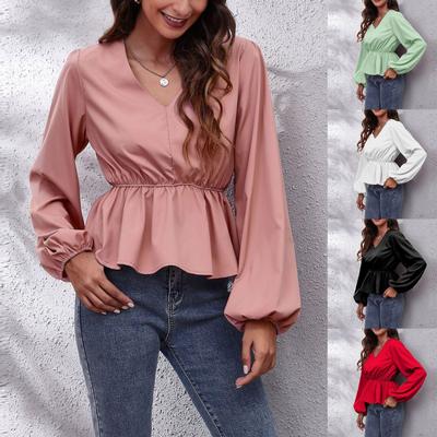Damen T-Shirt mit V-Ausschnitt und langen Ärmeln, einfarbig, Taille, Oberteil