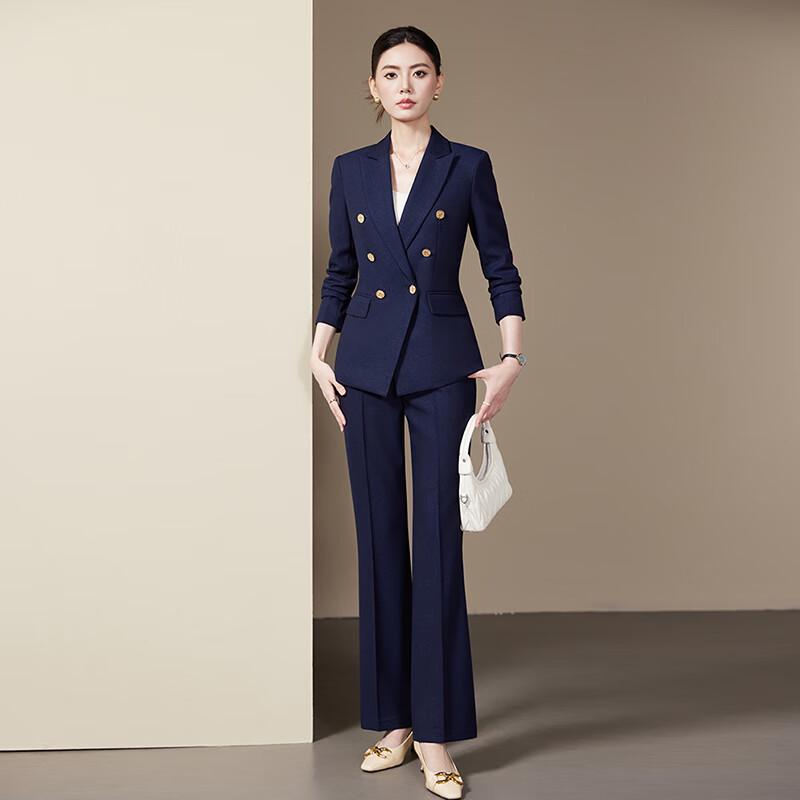 Teluoman Women's Double-Breasted Business Casual Suit Set