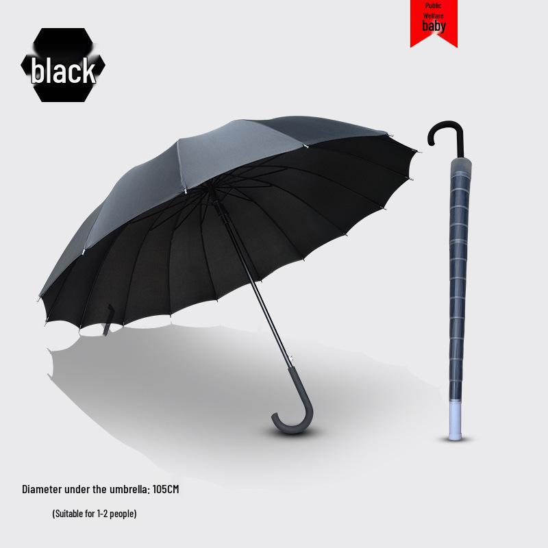 Large Automatic Long-Handled Umbrella with 16 Ribs, Curved Handle, and Waterproof Cover for Sun and Rain.