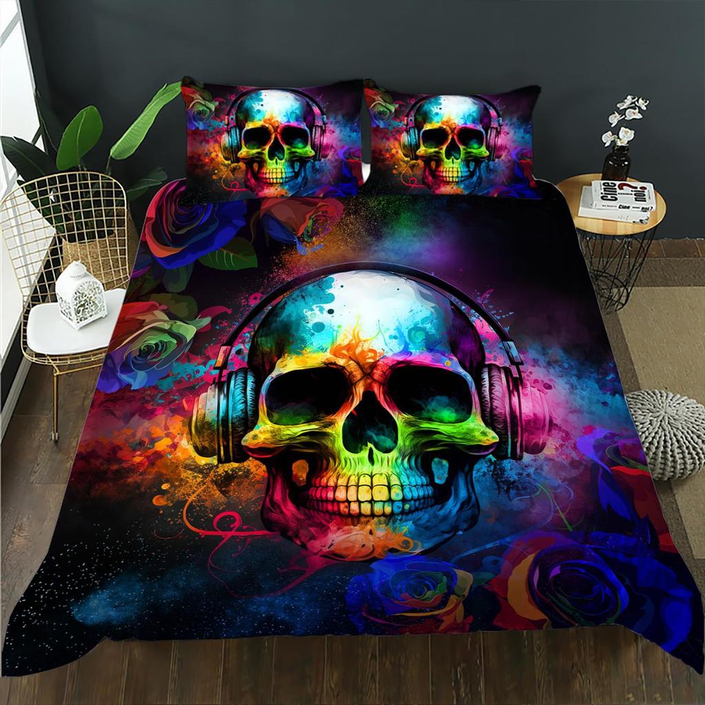 Gothic Skull Duvet Cover Set Queen Size Black And White Skull Bedding Set For Boys Teens Men Retro Floral Comforter Covers Set