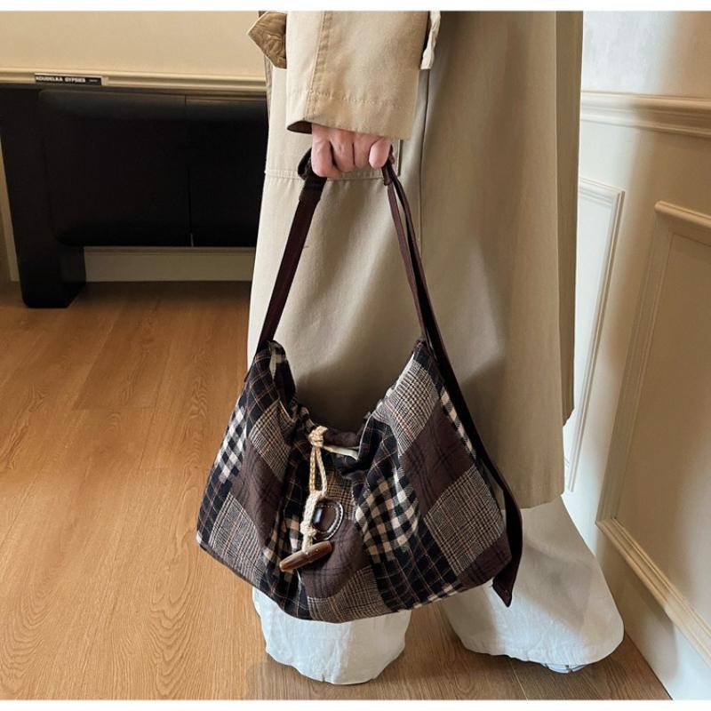 Fashi Plaid Texture Shoulder Bag Autumn Winter Wool Large Capacity Crossbody Bag Retro Lazy Style Lightweight Storage Bag