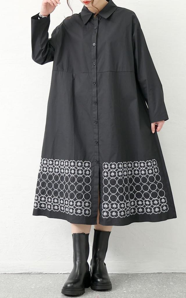 Gold Japan Plus Size Embroidered Floral Long Regular Sizes Women's Dress, Print, Sleeve, Collar, Black, L-3L, Goldy-1429
