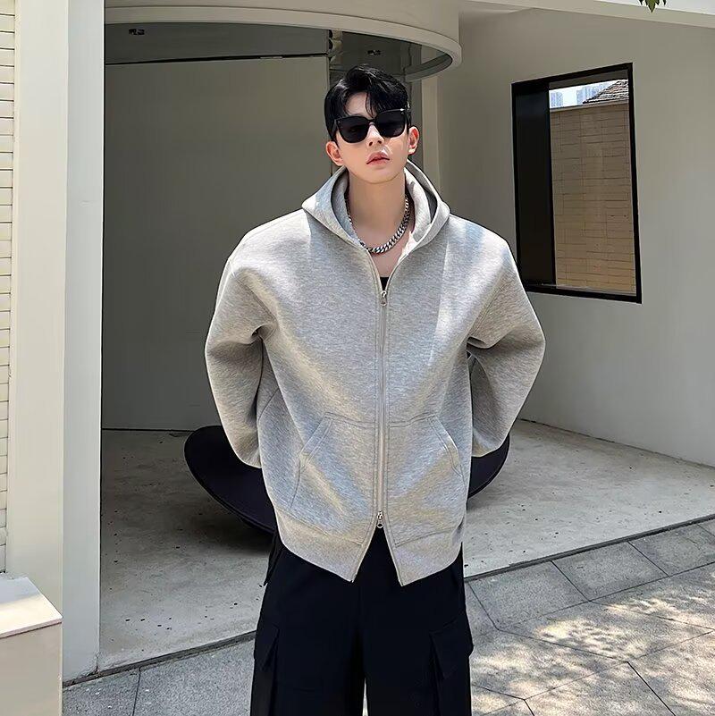 2024 Autumn/Winter American Style Heavyweight Double Zipper Hoodie - Trendy Solid Color Cardigan with Air Layer and Cool Design