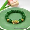 Green Agate Pixiu Wealth Attraction Bracelet - Round Beads Sand Gold Design, Best-Selling Jewelry with Single Circle.