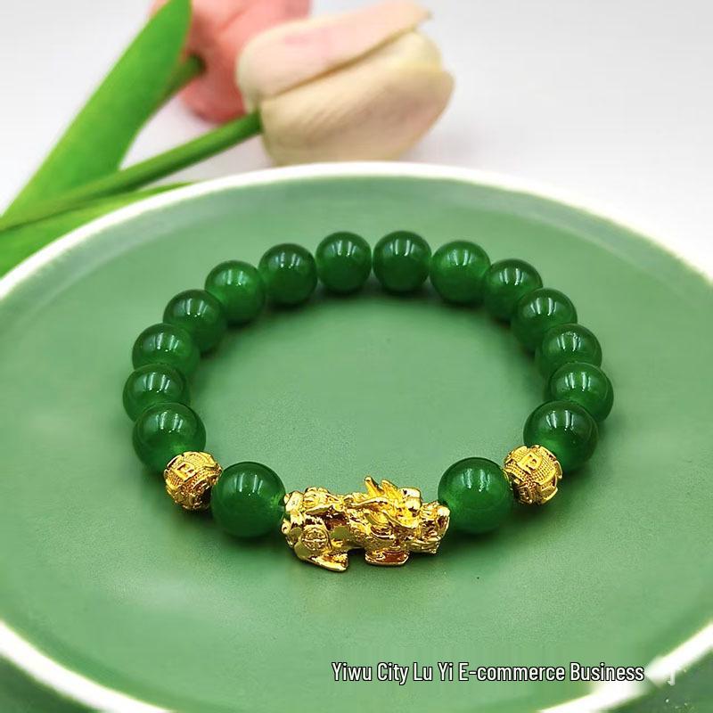 Green Agate Pixiu Wealth Attraction Bracelet - Round Beads Sand Gold Design, Best-Selling Jewelry with Single Circle.