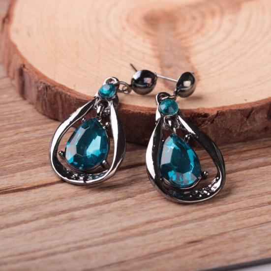 Women Fashion Water-drop Faux Sapphire Dangle Ear Studs Necklace Jewelry Set