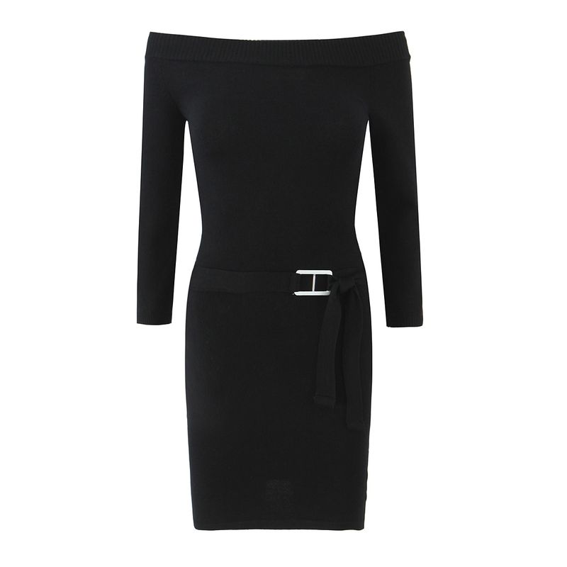 

Season-Limited Heart American Gyaru Design off-Shoulder With Belt Decoration Retro Waist Hugging Sexy Slimming Dress Heart Black M