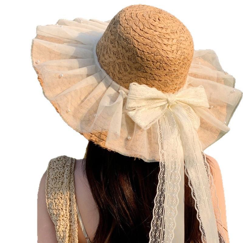 Summer Bow Sun Hat Women's Beach Pearl Sun Hat Outdoor Big Brim Sun Hat Sweet Straw Hat