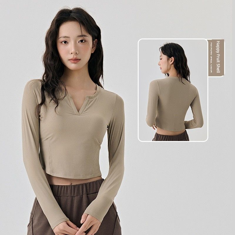 Lu Same Yoga Clothes Long Sleeves Women's Fixed Cup Rib Silm Slim Looking Sports T-Shirt Fitness Pilates Training Wear